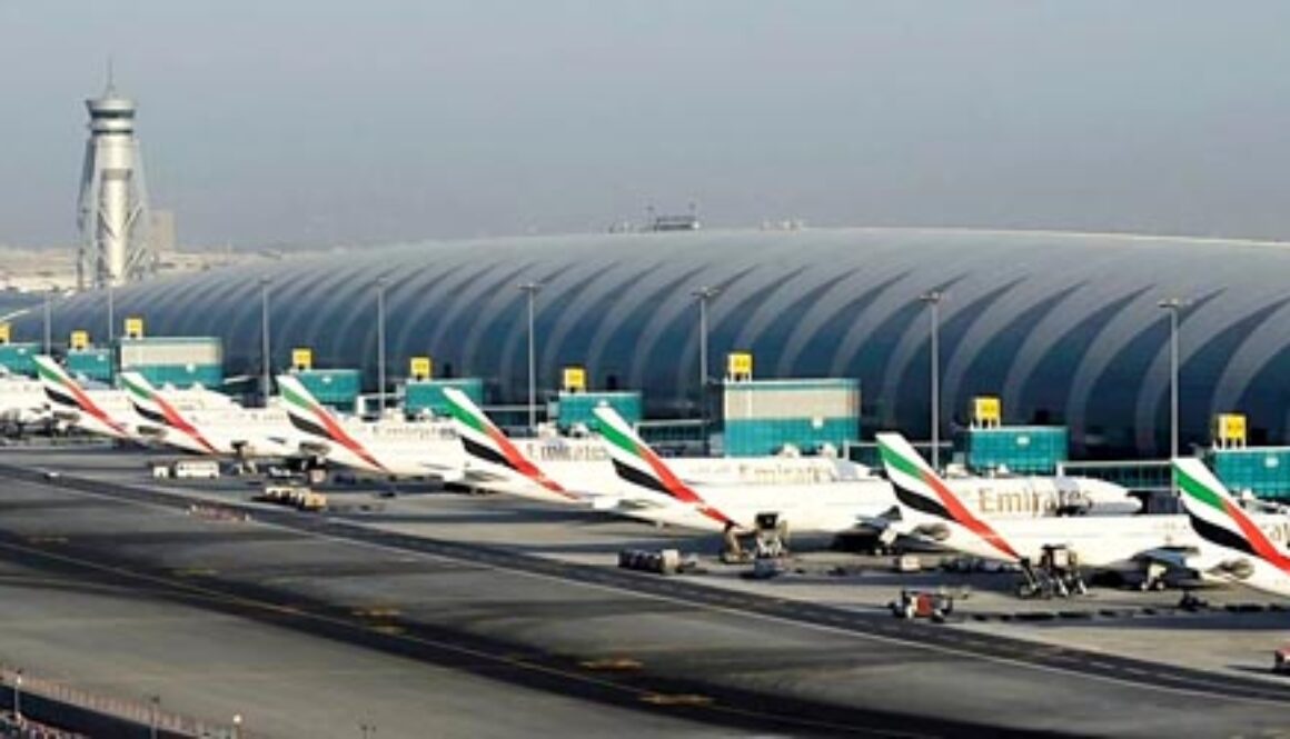 Dubai airport showing planes from Emirates airline